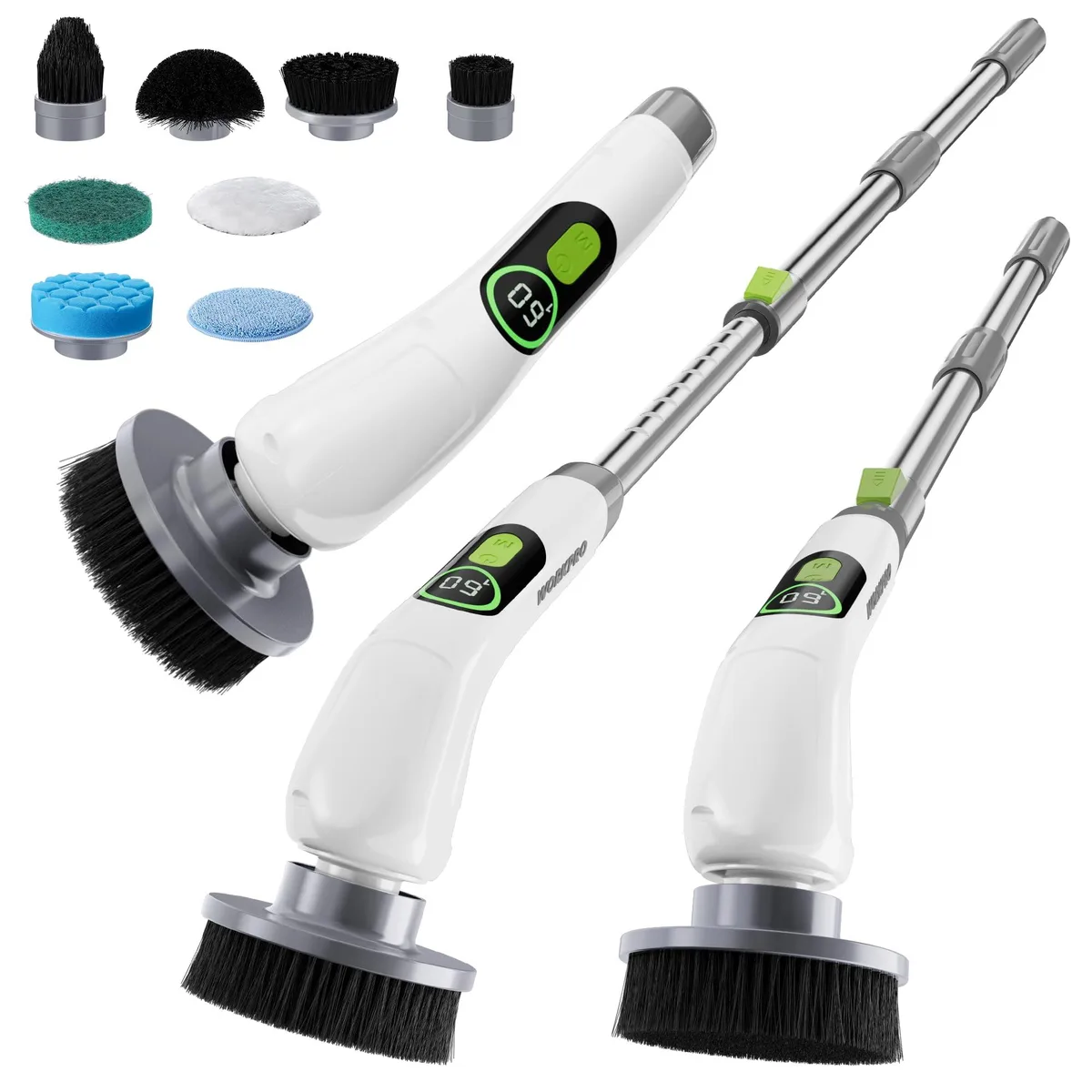 Cordless white spin scrubber with extendable handle and multiple brush heads attached