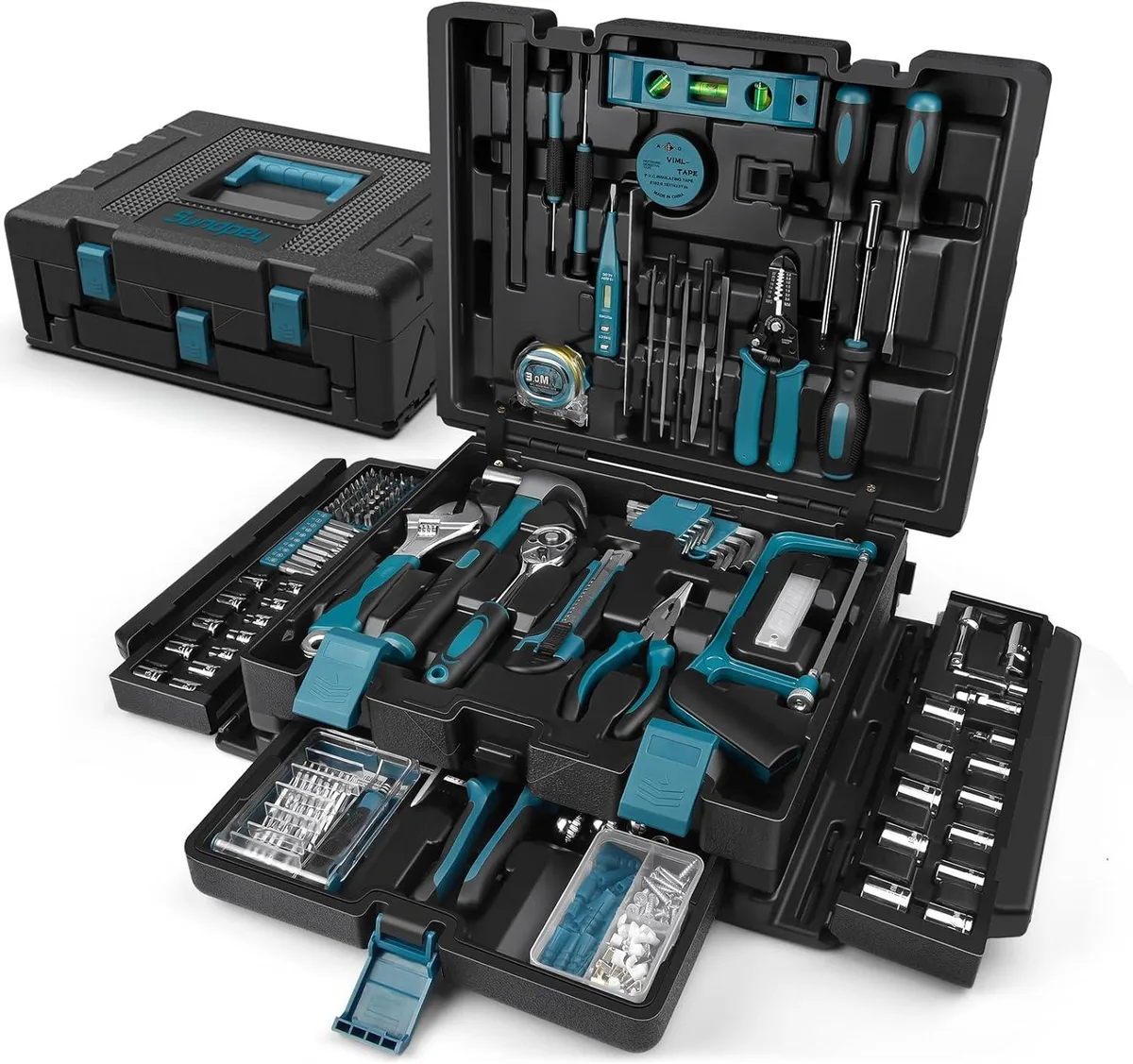 Open black plastic tool case with molded compartments holding chrome hand tools and a yellow tape measure