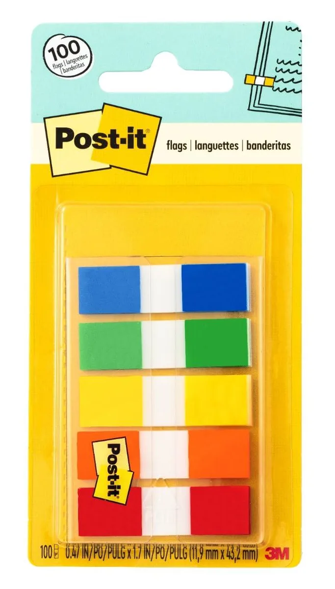 A compact plastic dispenser holding 100 small coloured flags in red orange yellow green and blue