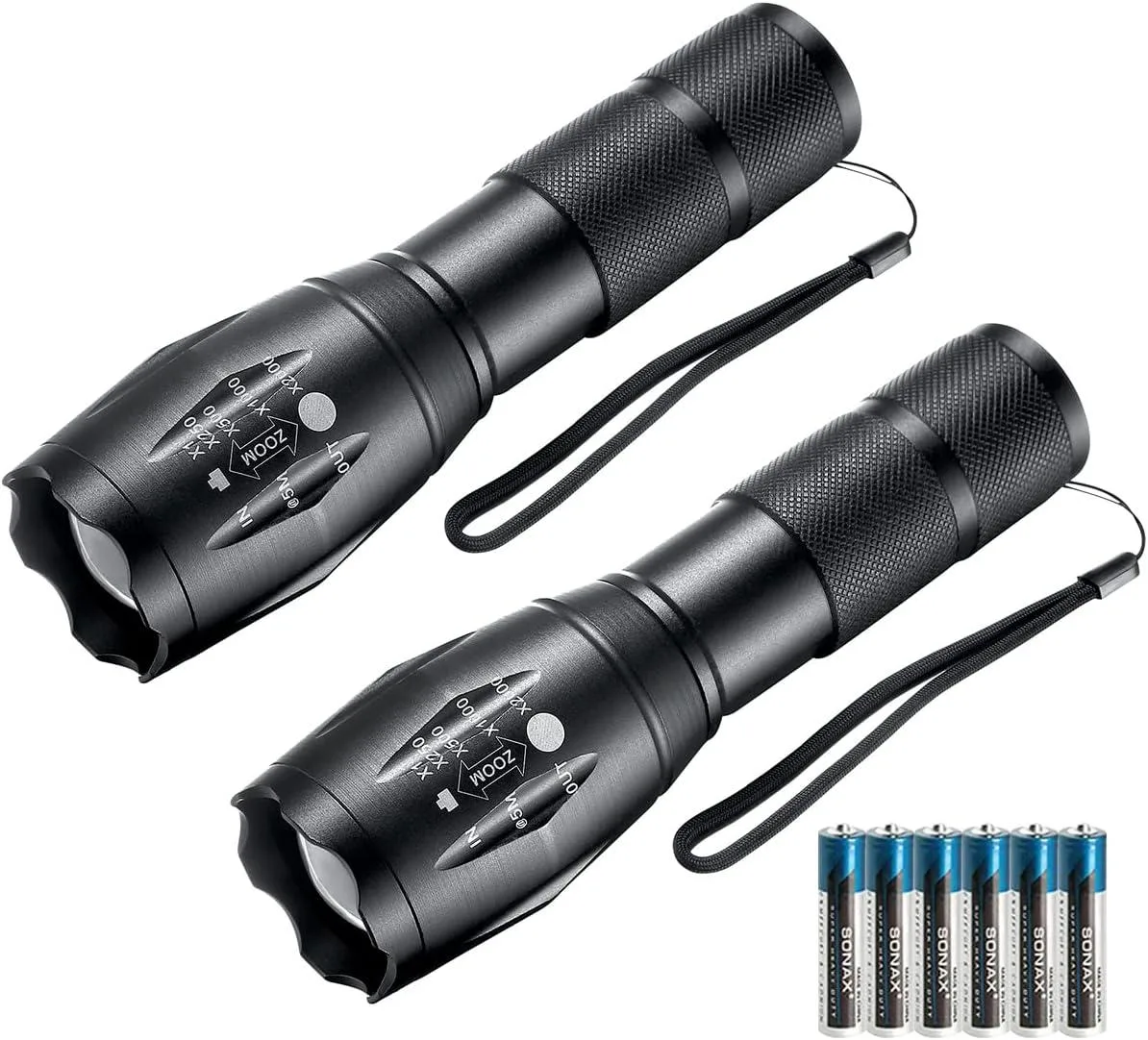 Two compact aluminium flashlights with lanyards and six AAA batteries in a box