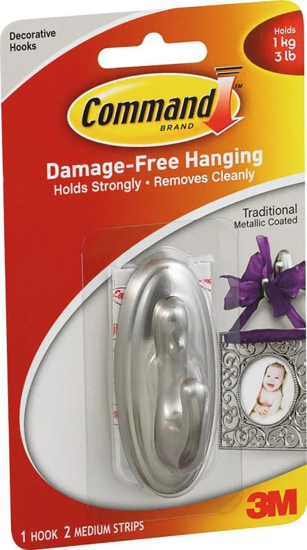 3M 3M 17051BN Brushed Nickel Medium Bath Hook 1 hook 2 strips — product photo