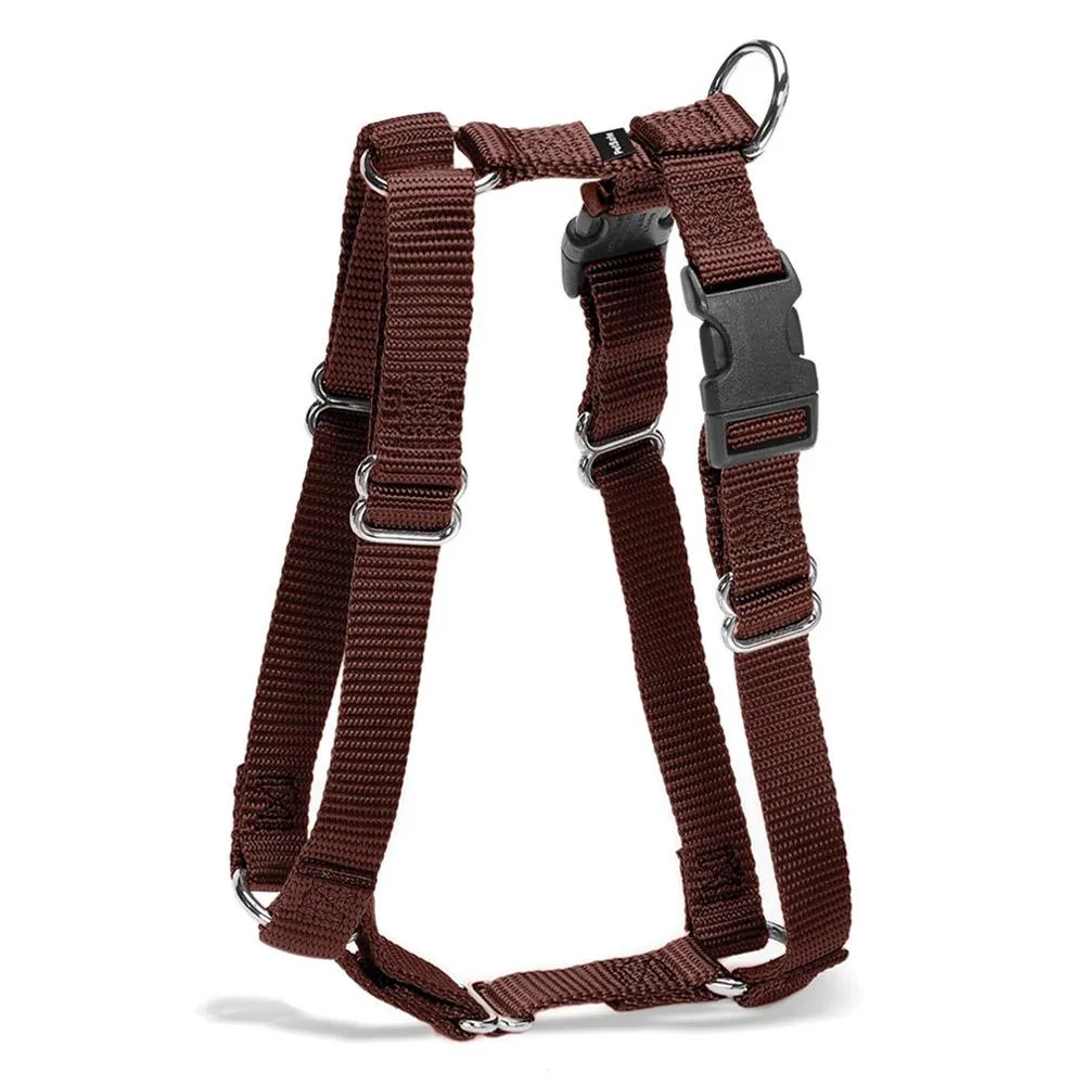 Brown fabric dog harness with quick-snap buckles and adjustable straps