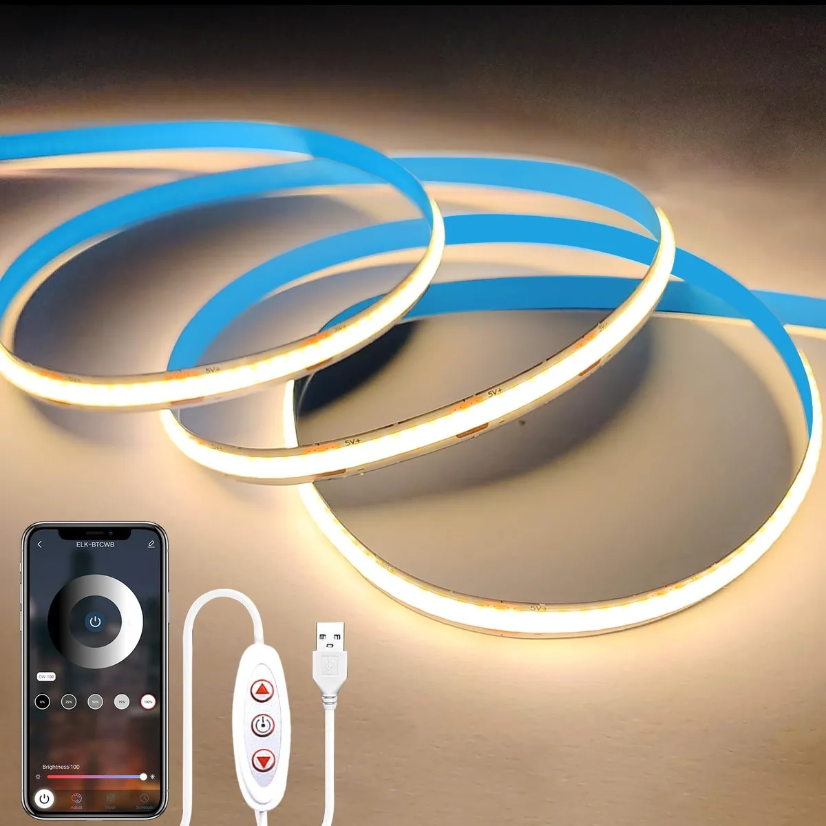 White COB LED strip on a flexible tape with USB cable and clear prismatic finish
