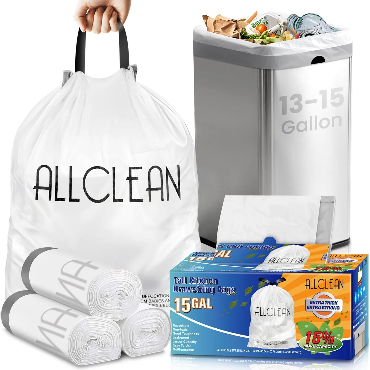 White 15-gallon drawstring trash bags in a 30-count pack