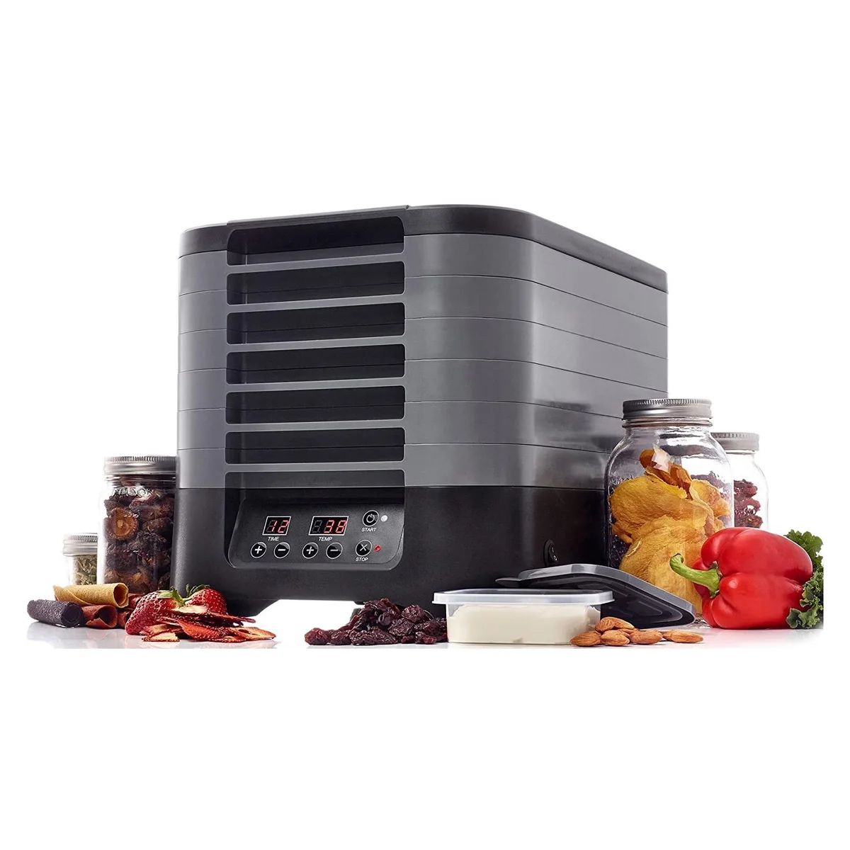 White square electric food dehydrator with six stackable trays digital control panel on top