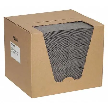Stack of 100 gray perforated polypropylene sorbent pads 15 by 19 inches