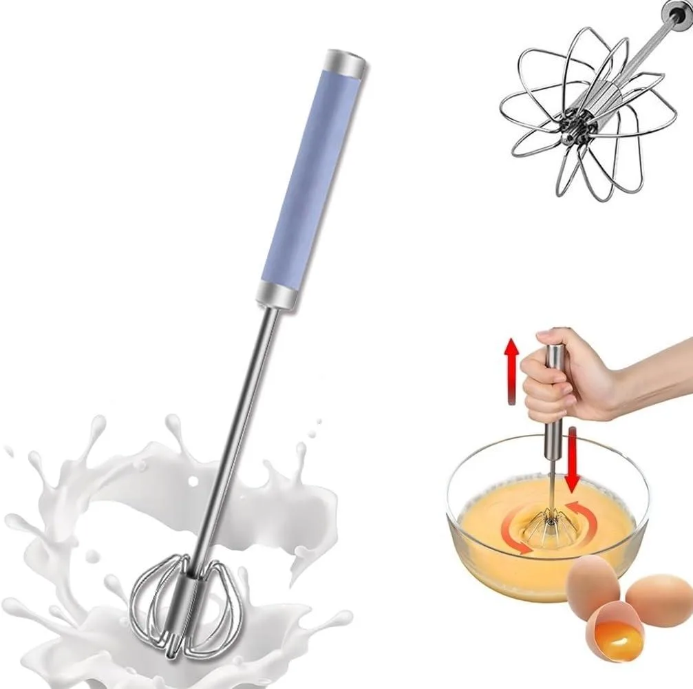 Stainless steel semi-automatic hand push whisk, 12 inch, spring mechanism, no batteries