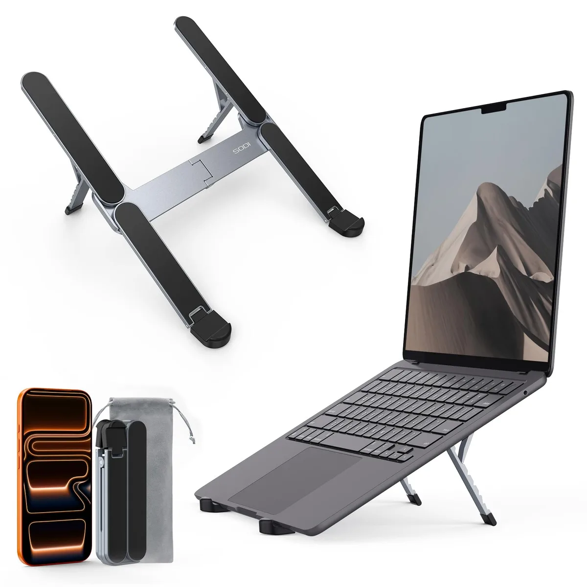 No Sew No Sew SODI 314 Foldable Laptop Stand Ultra Compact 185g 12.7cm 6 Level Gray — product photo