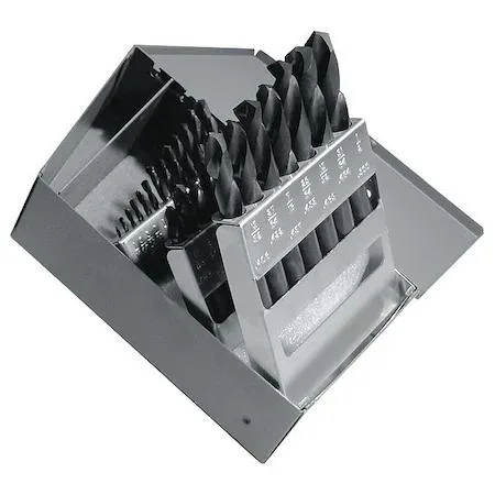 Black oxide drill bits in indexed metal case, 29 pieces fractional sizes 1/16 to 1/2 inch