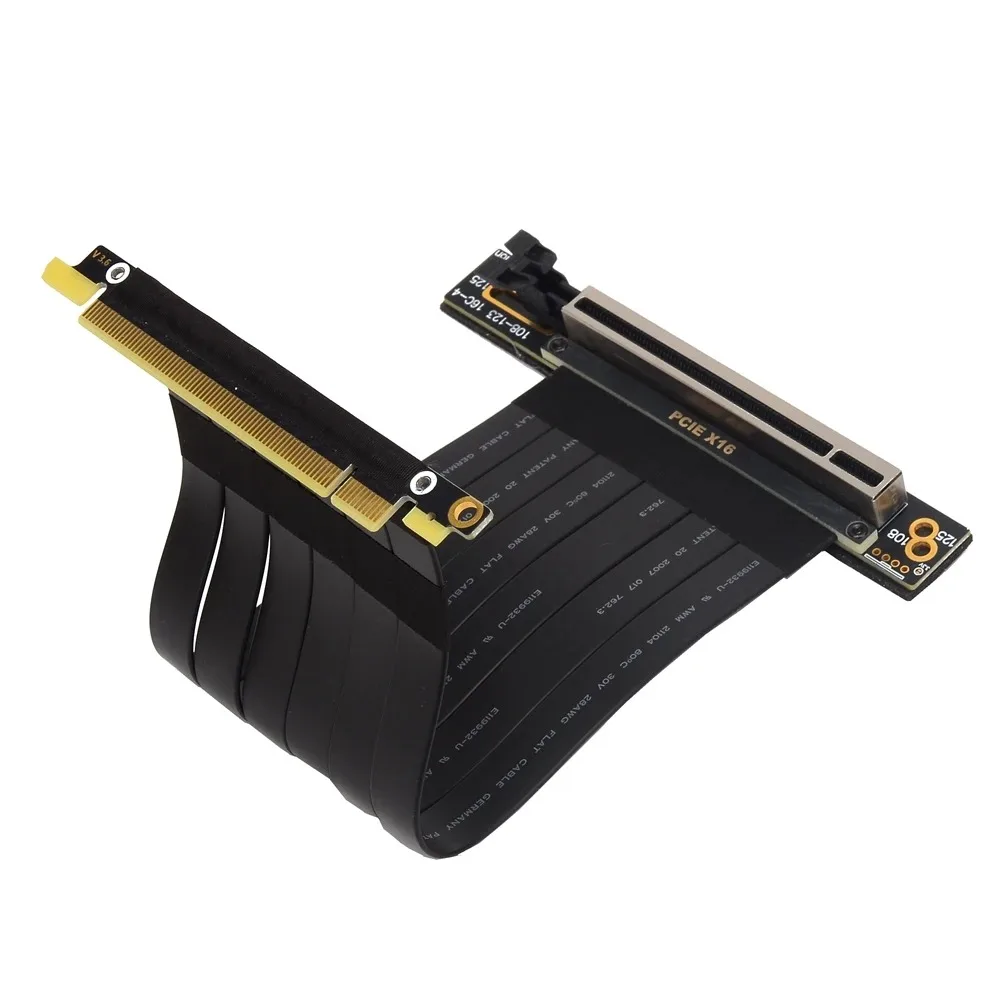 Flat black 90-degree PCIe 3.0 x16 riser cable, 20cm length, right-angle connectors on both ends