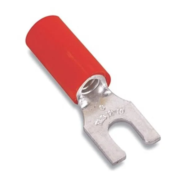 Red vinyl insulated fork terminal with tin plated copper barrel and number ten stud hole