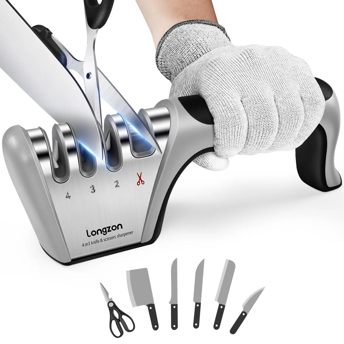  Longzon 5-in-1 Knife Sharpener 4 Stage with Cut-Resistant Glove Scissors — product photo