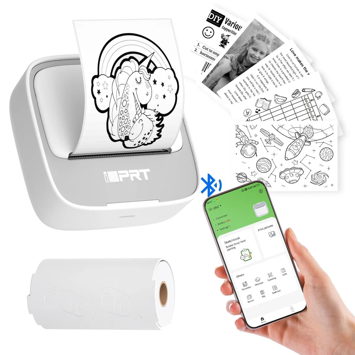 Small white rectangular thermal label printer with rounded edges and a roll of sticker paper visible inside