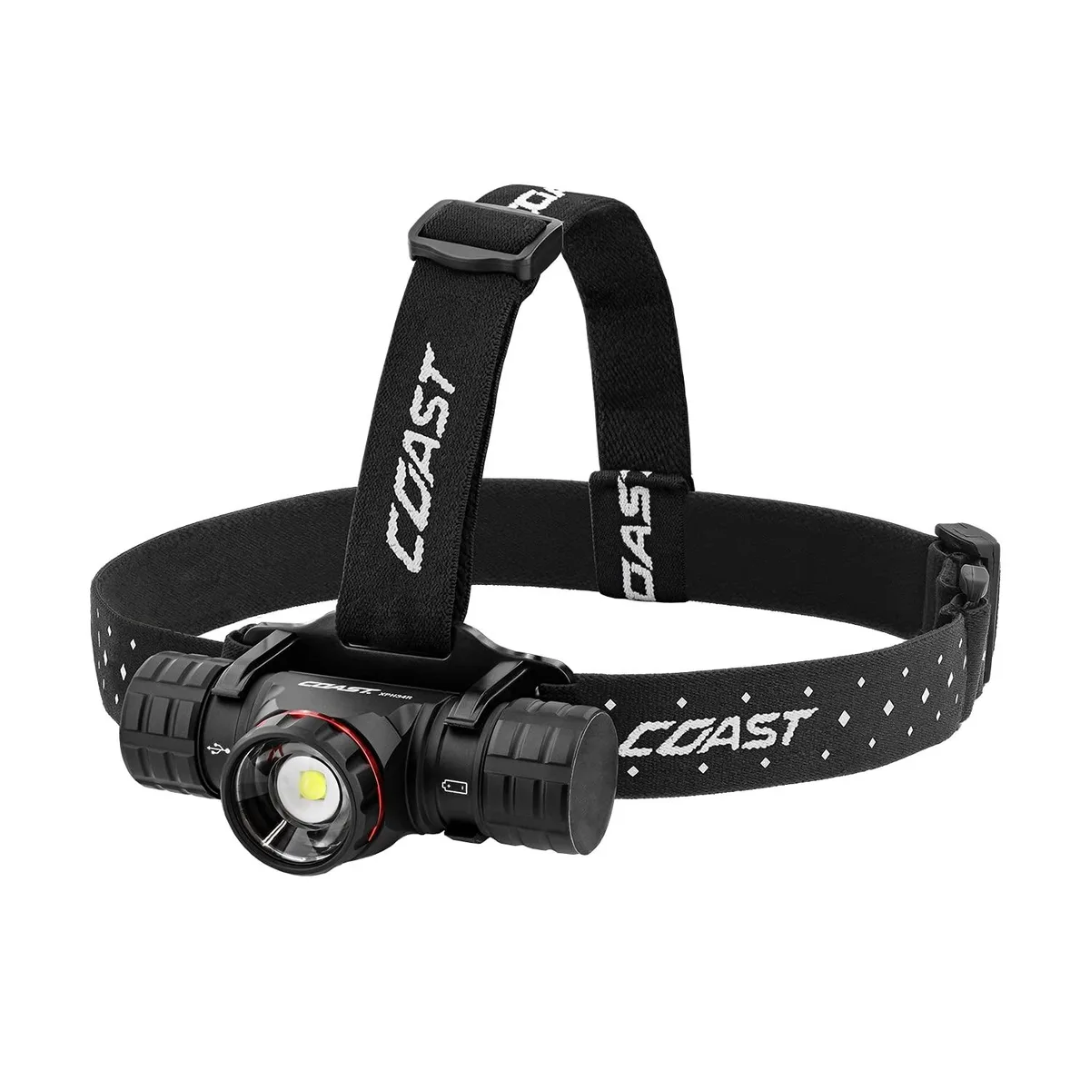 Black rechargeable headlamp with adjustable strap and magnetic base