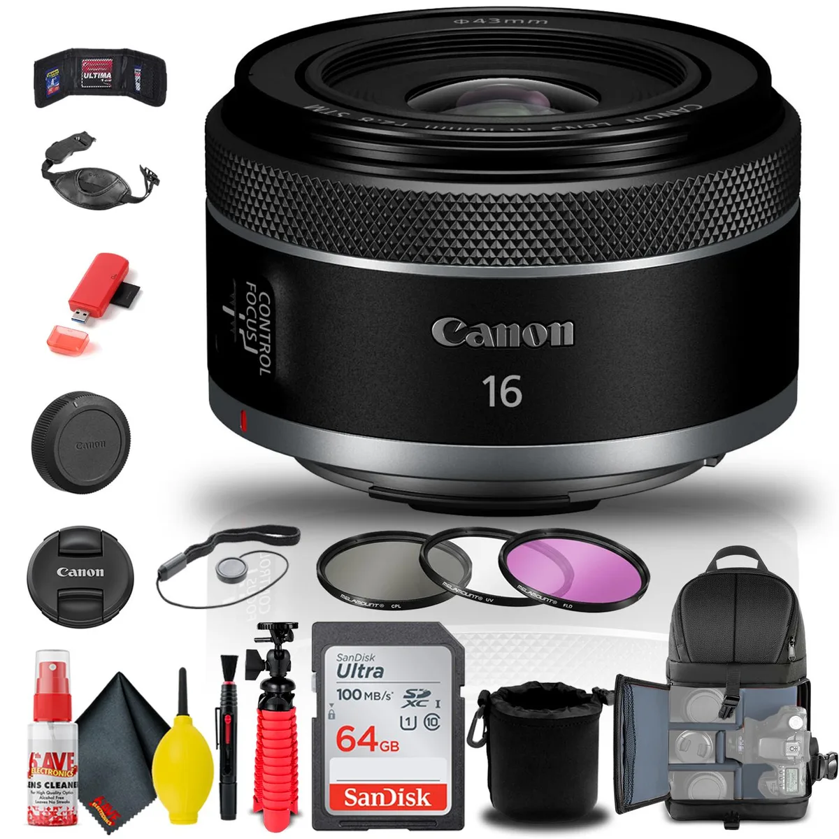 Canon Canon RF 16mm f/2.8 STM Lens Bundle with Filter Kit, Backpack, 64GB Card — product photo