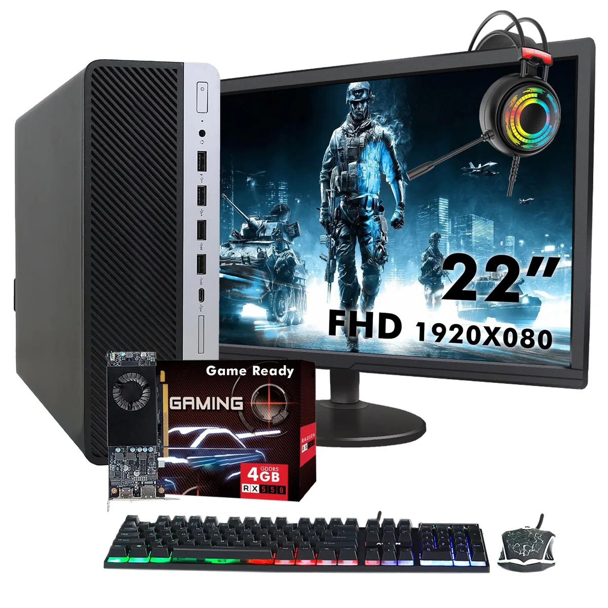 HP HP ProDesk 600 G3 SFF desktop PC, i7-6700, 32GB DDR4, 1TB SSD, RX 550, 22" monitor — product photo