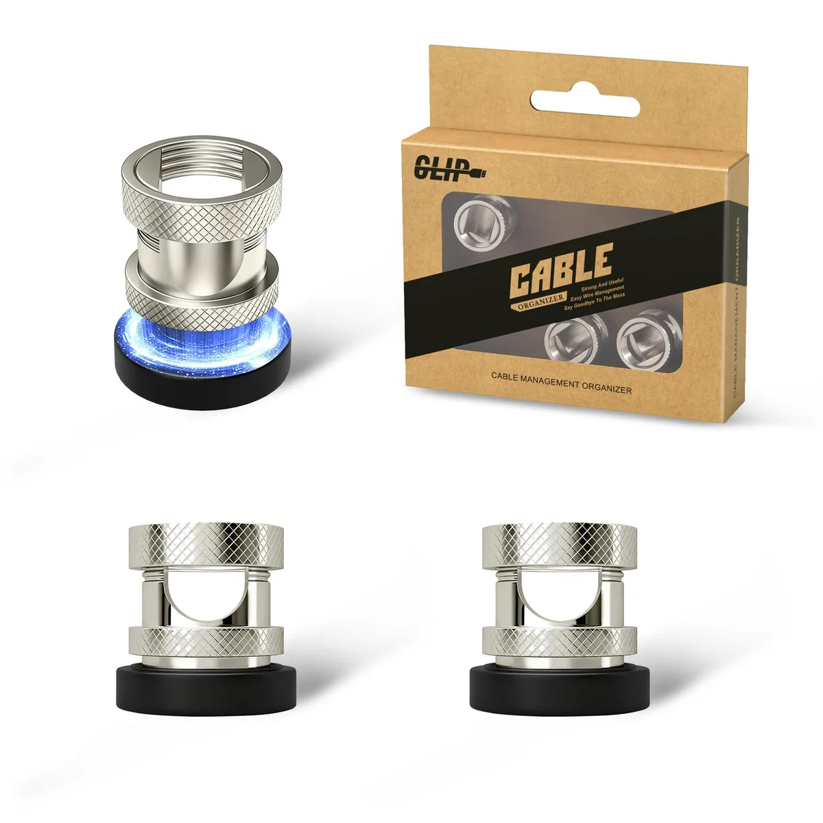 Three small silver metal magnetic cord holders with grid texture and self-adhesive bases