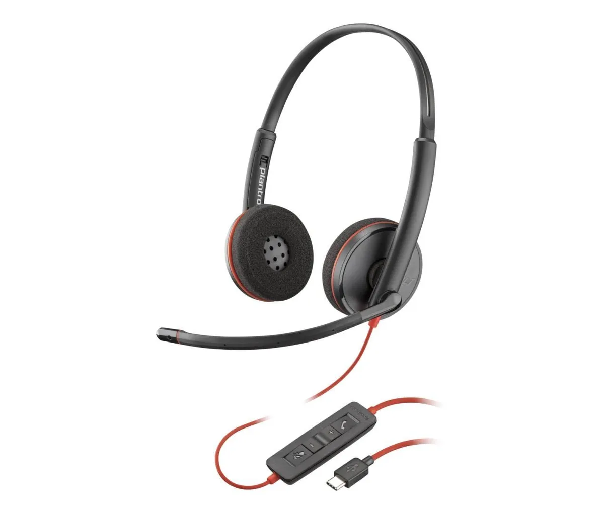 Black on-ear wired headset with over-the-head band and USB-C cable