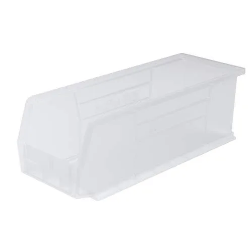 Clear plastic hang-and-stack storage bin, rectangular, open top, label slots