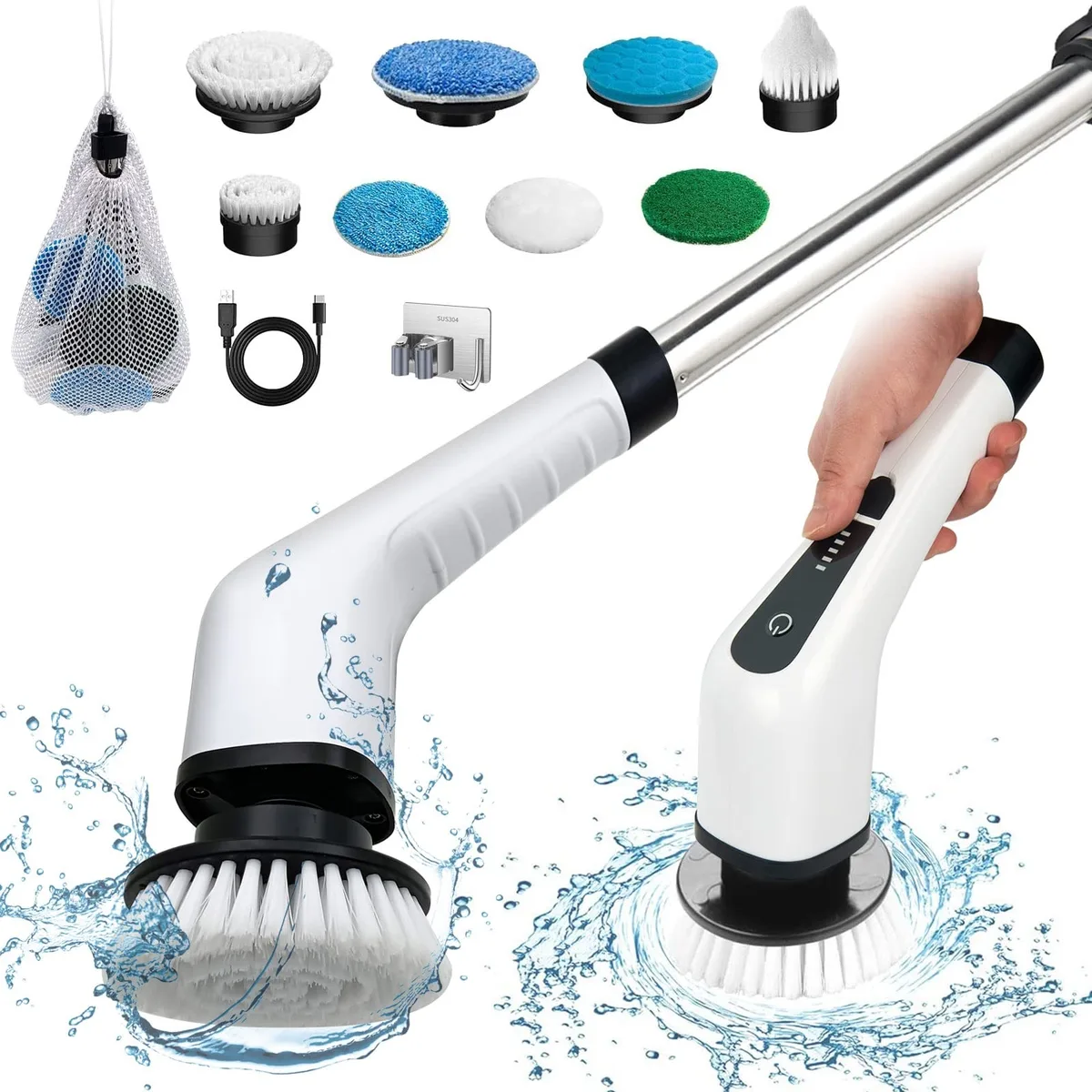 White cordless spin scrubber with adjustable handle and multiple brush heads, standing upright