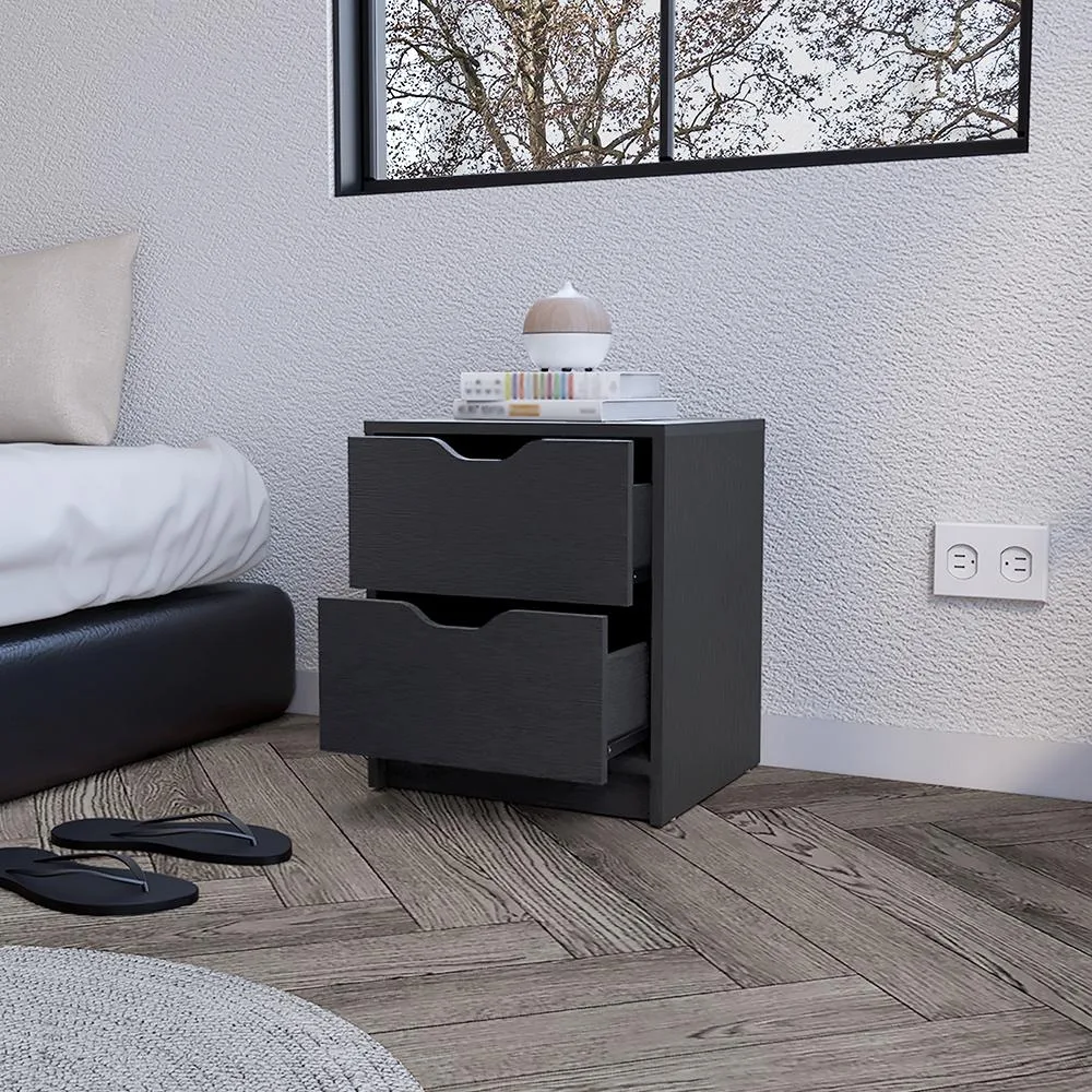 Black Wengue finish nightstand with two drawers, particle board construction, requires assembly