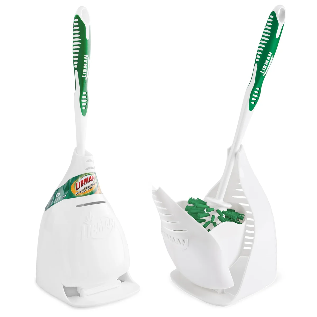 Two white toilet brushes with caddies, drying slits visible