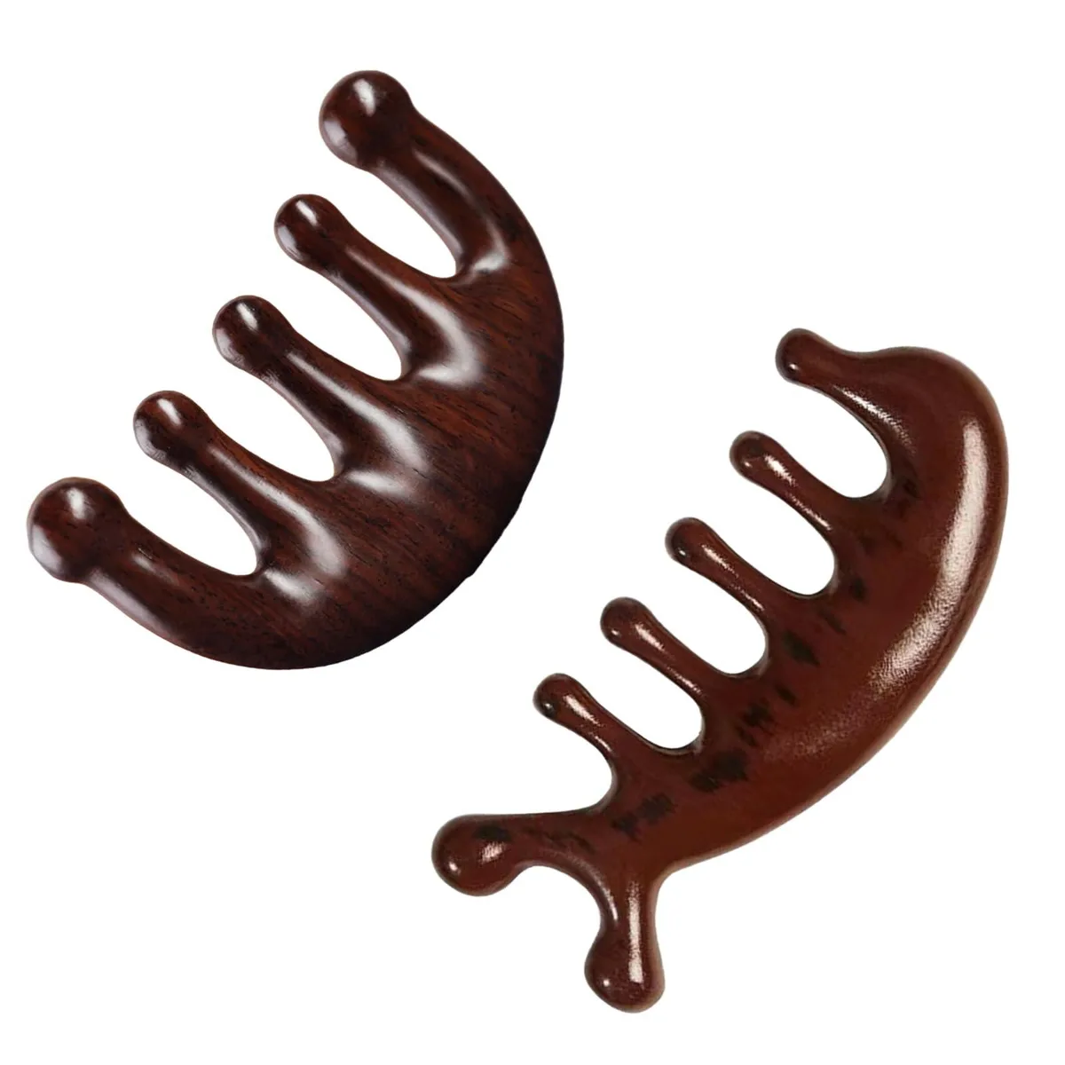 Two dark-brown wooden scalp combs with wide rounded teeth and curved handles