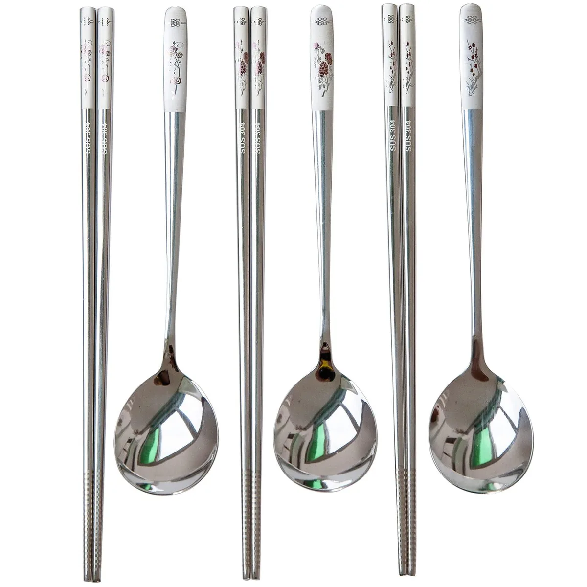 Three sets of stainless steel chopsticks and spoons with laser-engraved floral patterns, polished silver finish