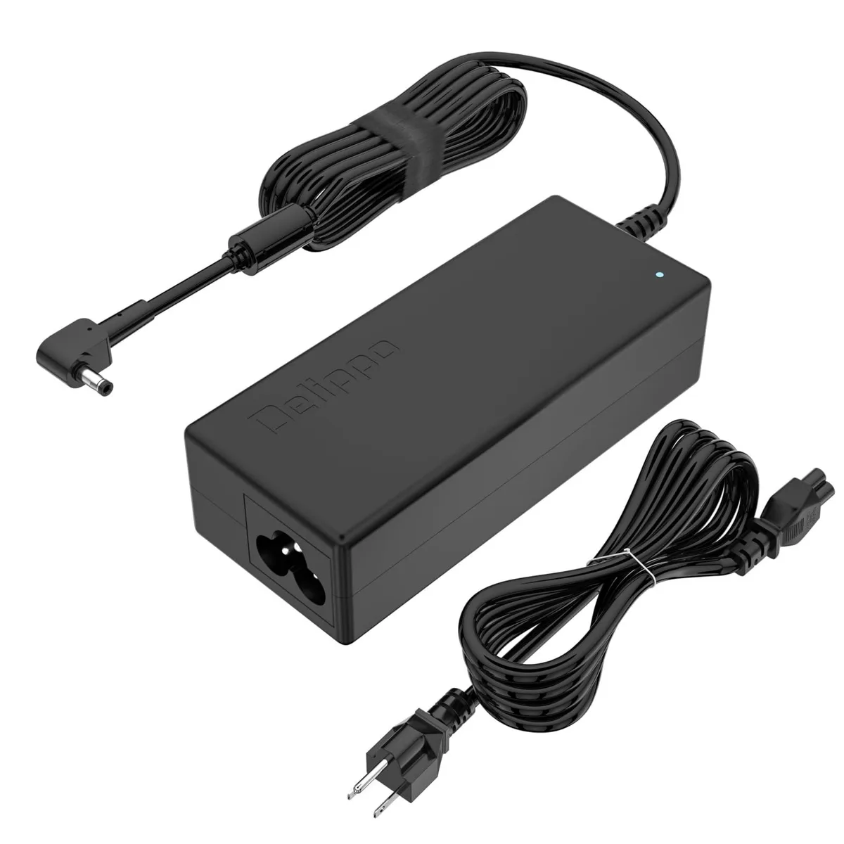 Black rectangular 135W laptop AC adapter with 5.5mm barrel plug and blue LED indicator