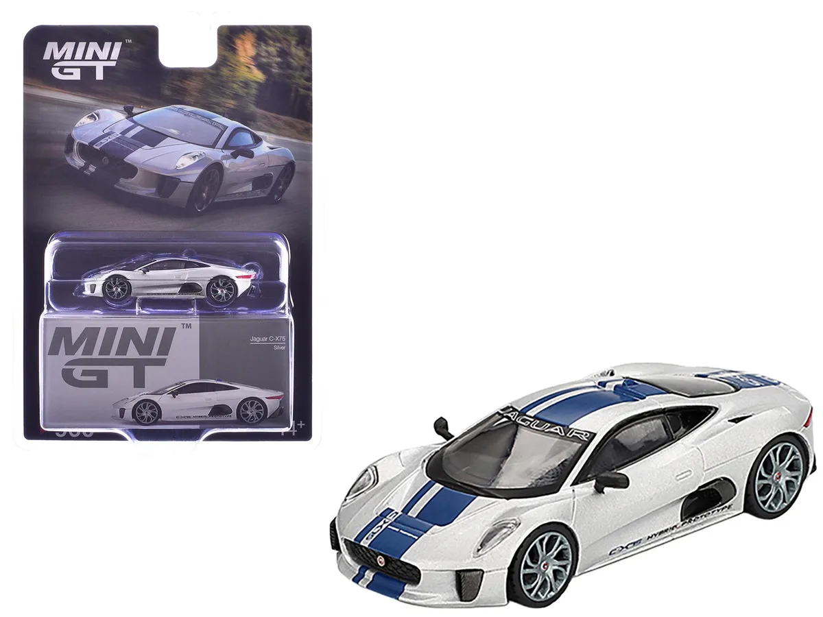 Mini GT Mini GT Jaguar C-X75 Silver Metallic Blue Stripes Limited Edition 1/64 Diecast Car — product photo