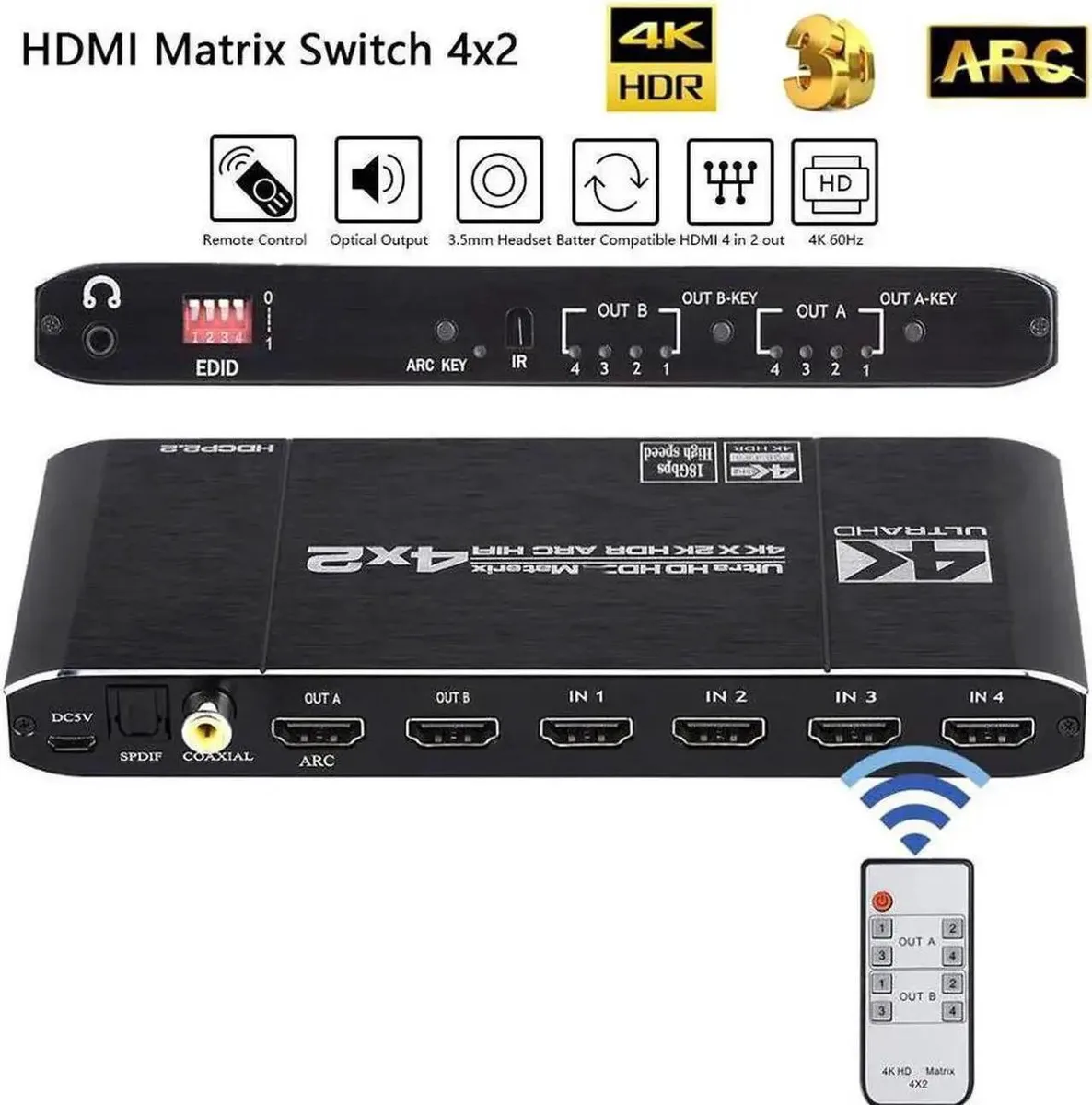 SMUGDESK SMUGDESK 4×2 HDMI 2.0b Matrix Switch 4K@60Hz HDR10 HDCP2.2 Audio Extractor — product photo