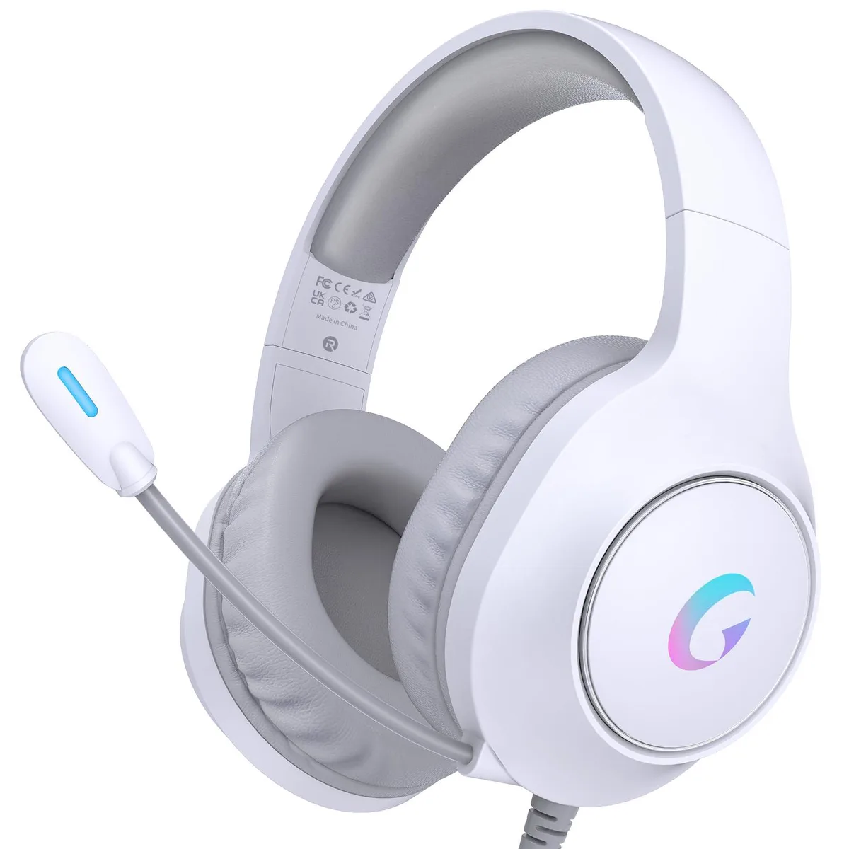 Light white wired gaming headset with oval earcups, RGB lighting and adjustable microphone