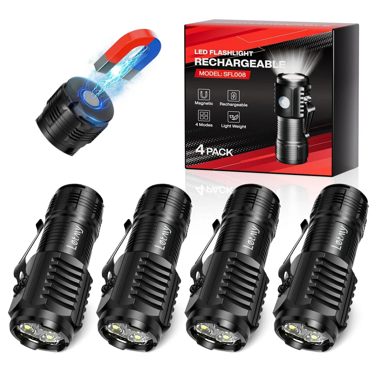 DNBeffulgent DNBeffulgent 4 Pack Mini LED Flashlights 3 LED 4 Modes Magnetic Base Type-C Rechargeable — product photo