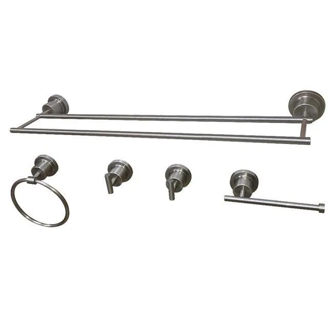 Five-piece brushed nickel bathroom accessory set with towel bar, ring, robe hooks and toilet paper holder
