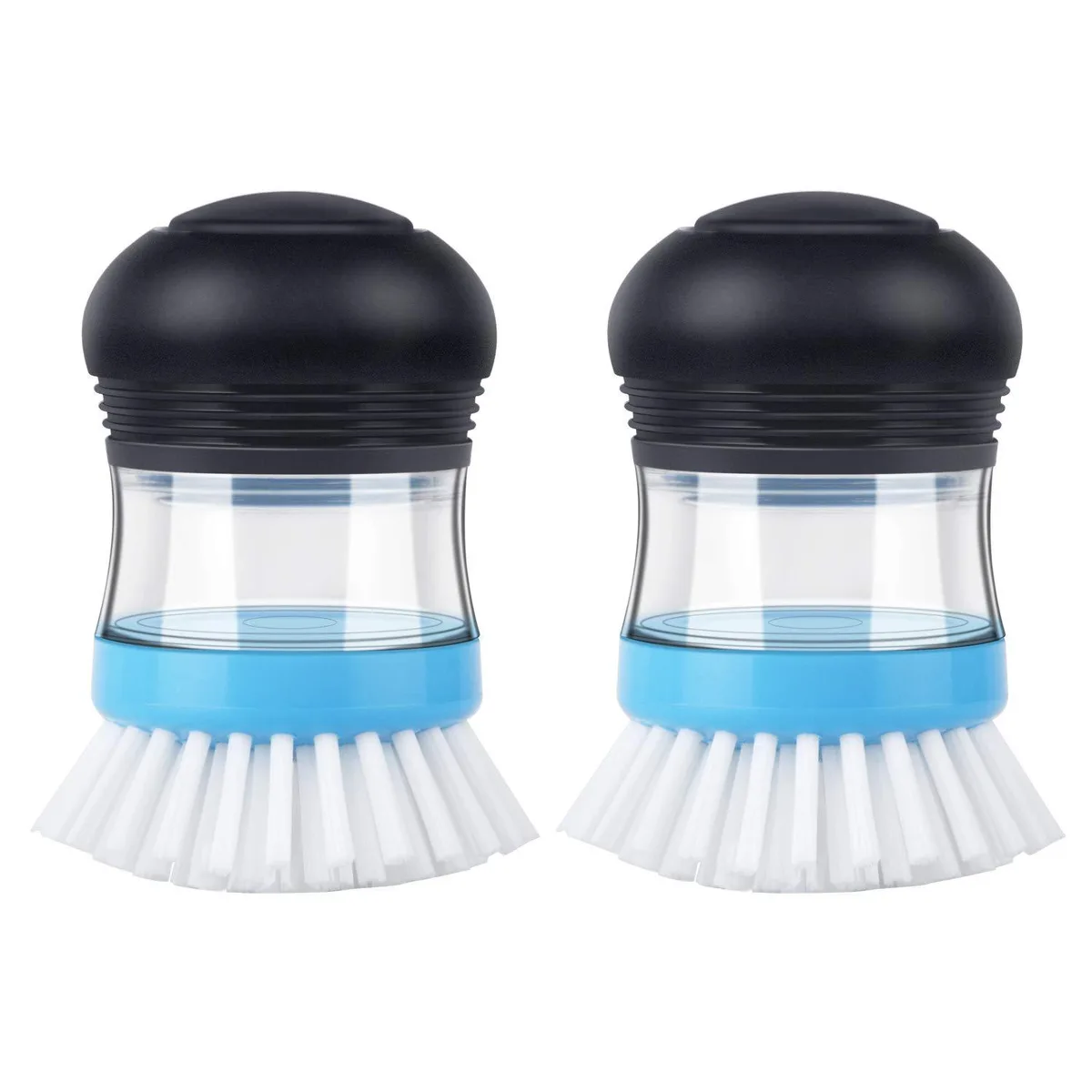 Two navy blue soap-dispensing palm brushes with contoured non-slip grips and replaceable nylon bristle heads