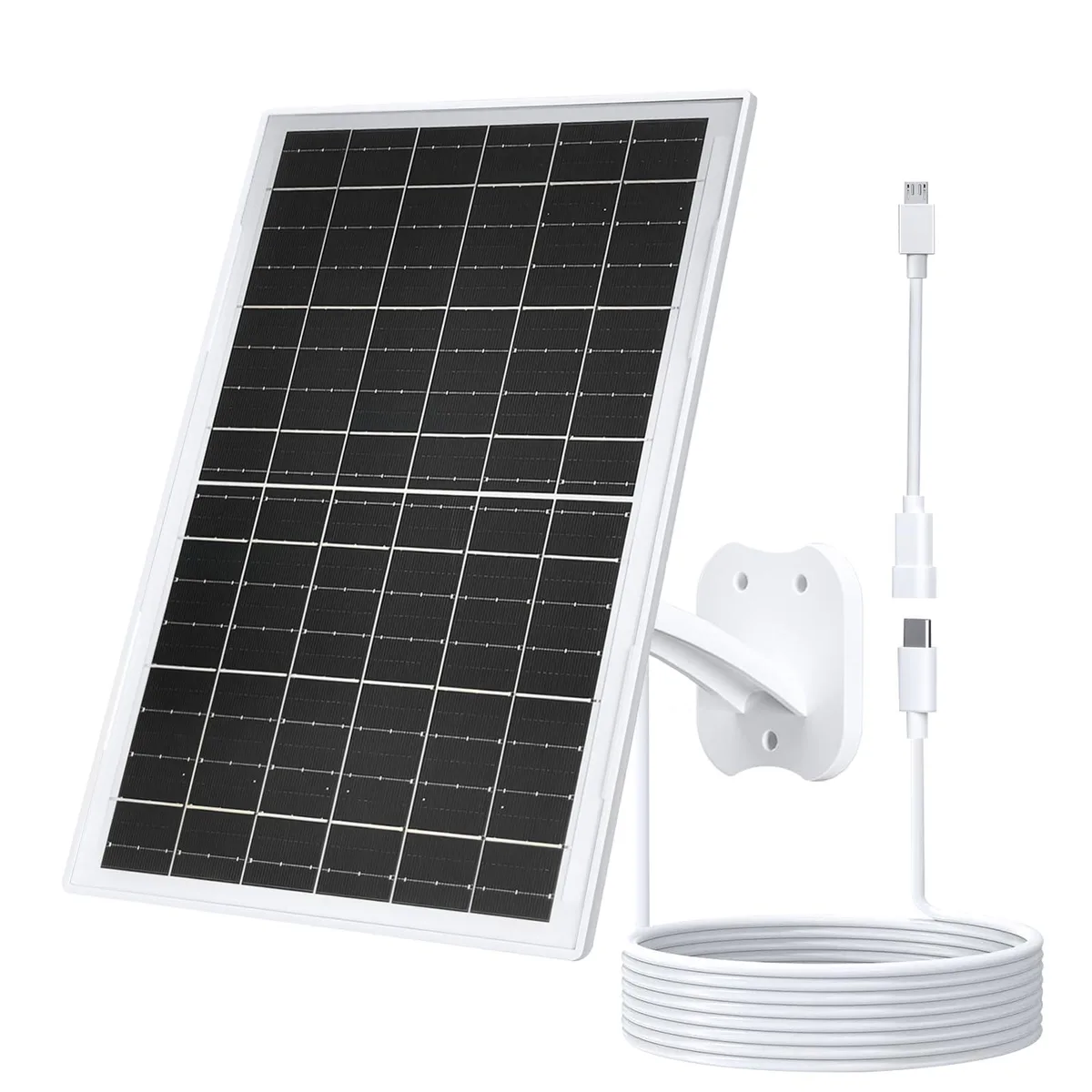 White rectangular solar panel with tempered glass surface, adjustable mount and attached cable