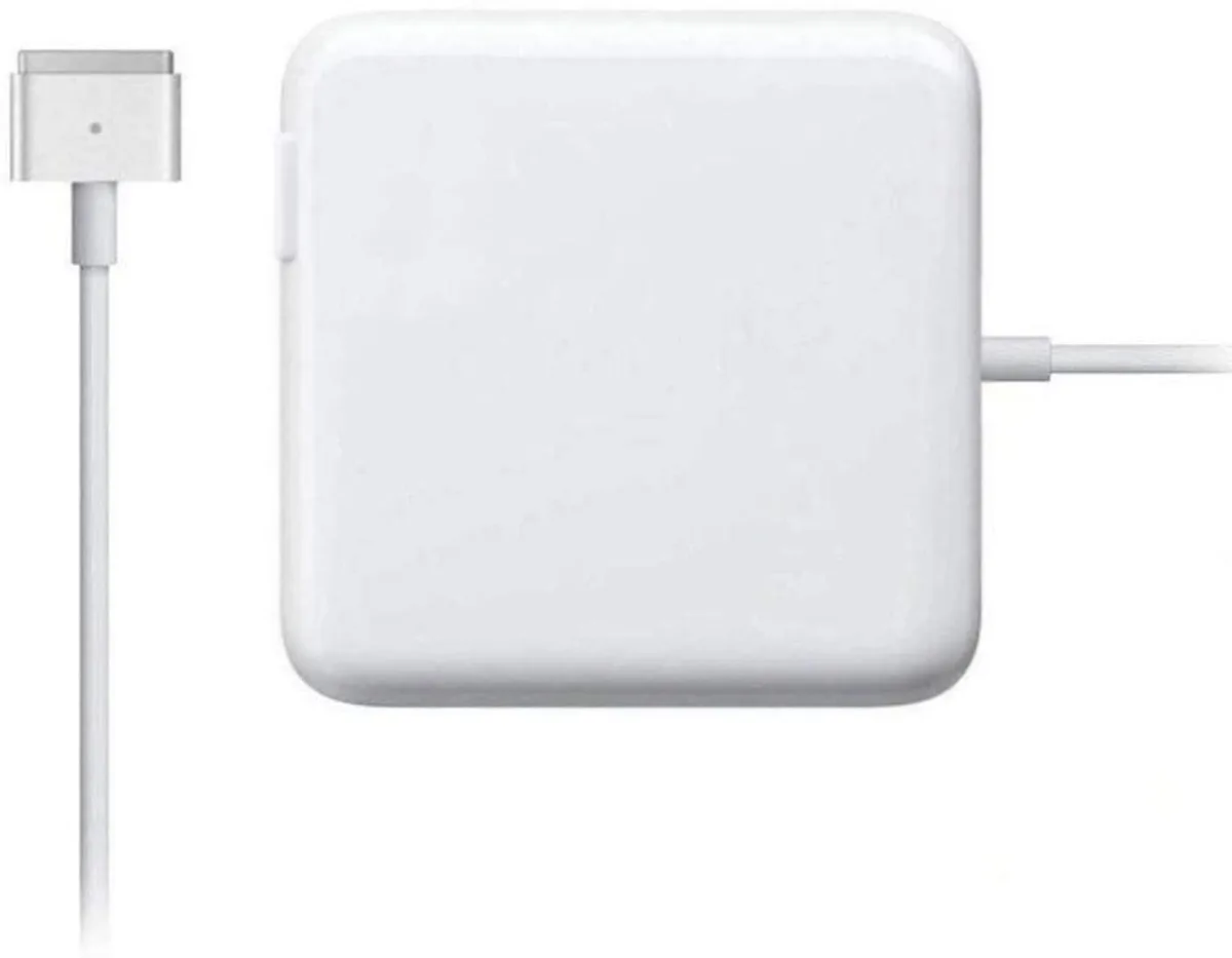 White rectangular power adapter with T-shaped magnetic connector and LED indicator light
