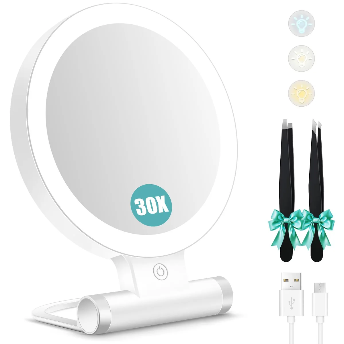 White round double-sided tabletop mirror with foldable stand and built-in light