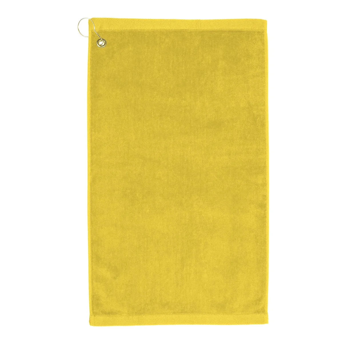 Yellow velour golf towel 16 by 26 inches with corner hook and grommet