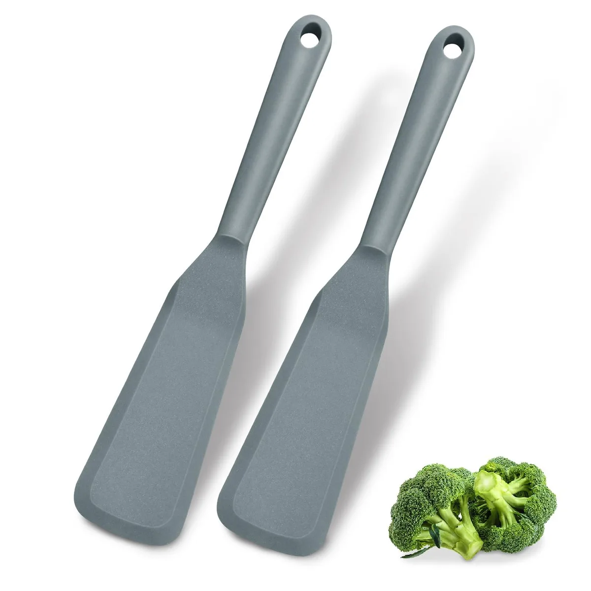 Two grey silicone spatulas, 9.8 in long, thin flexible blades with hanging holes