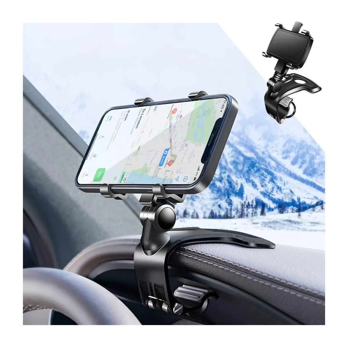 Black ABS dashboard phone mount with multi-joint arm and spring clip, 1400° rotation