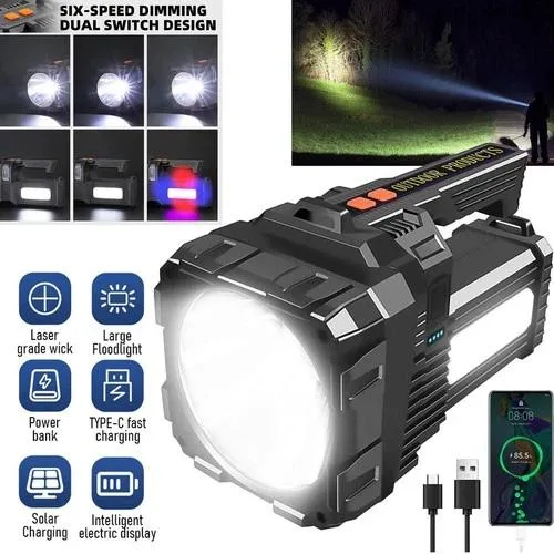 Yellow rectangular handheld spotlight with textured grip, large round lens, USB-C port cover and three blue indicator lights
