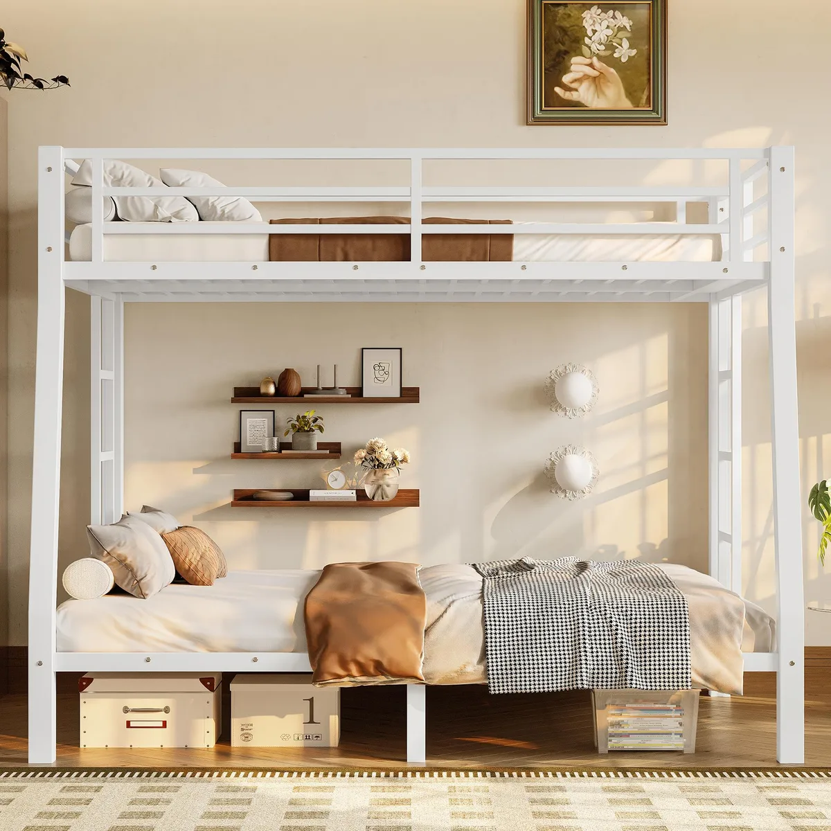 White metal bunk bed with full XL over queen frames, two side ladders, guardrails on upper bunk, and under-bed clearance