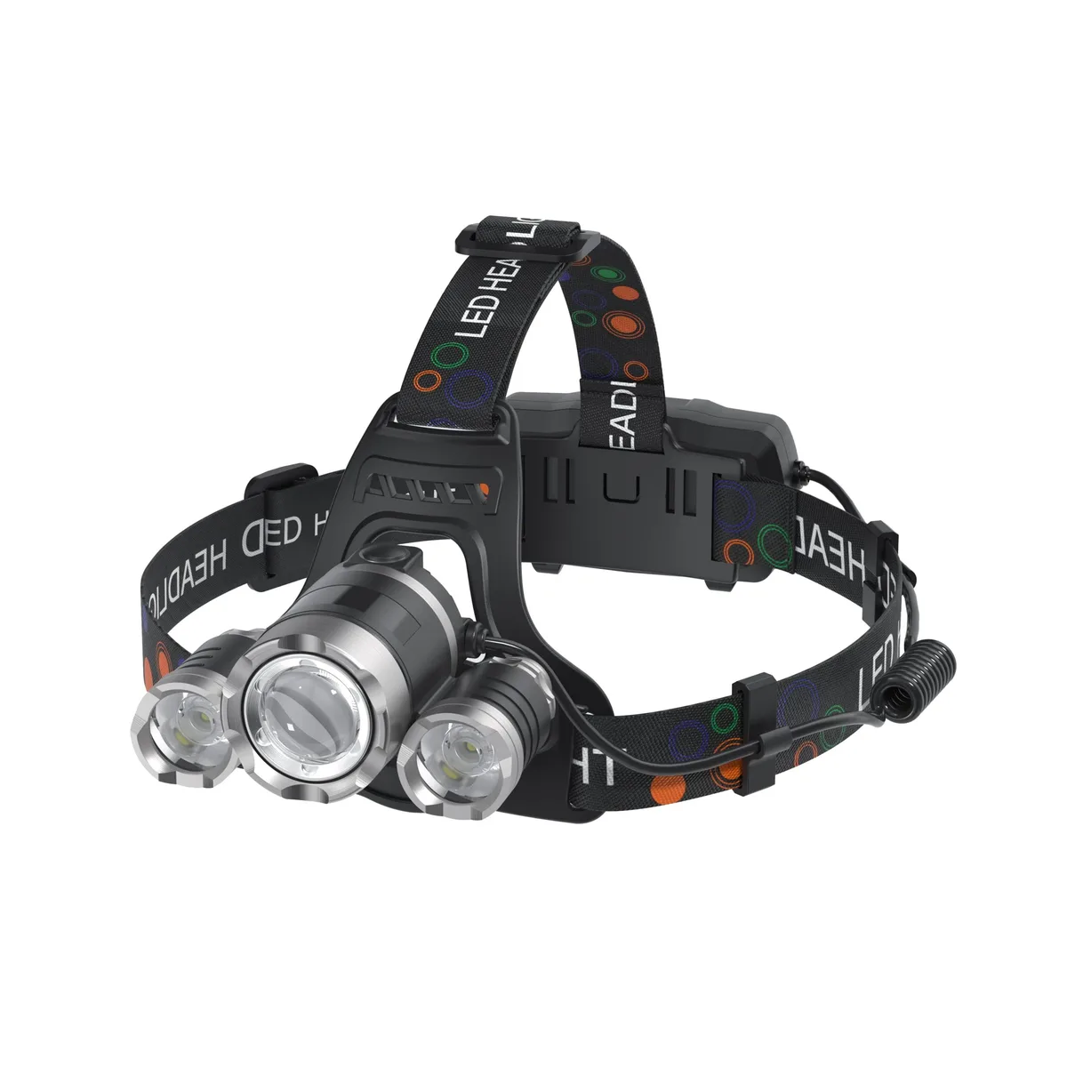 Black rectangular headlamp unit with three round LED lenses, adjustable head strap, and USB charging port