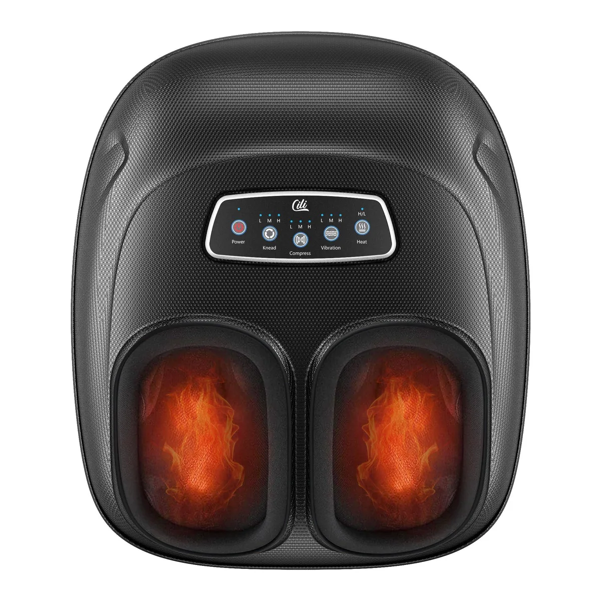 Black faux-leather foot massager, compact rectangular shape with zip-out sleeves
