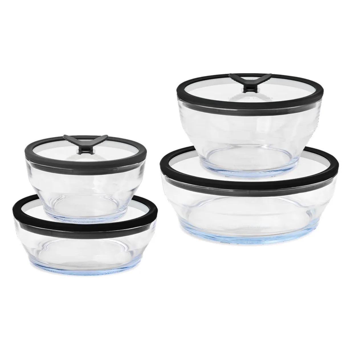 Eight-piece frosted borosilicate glass food storage set with black silicone-rimmed lids