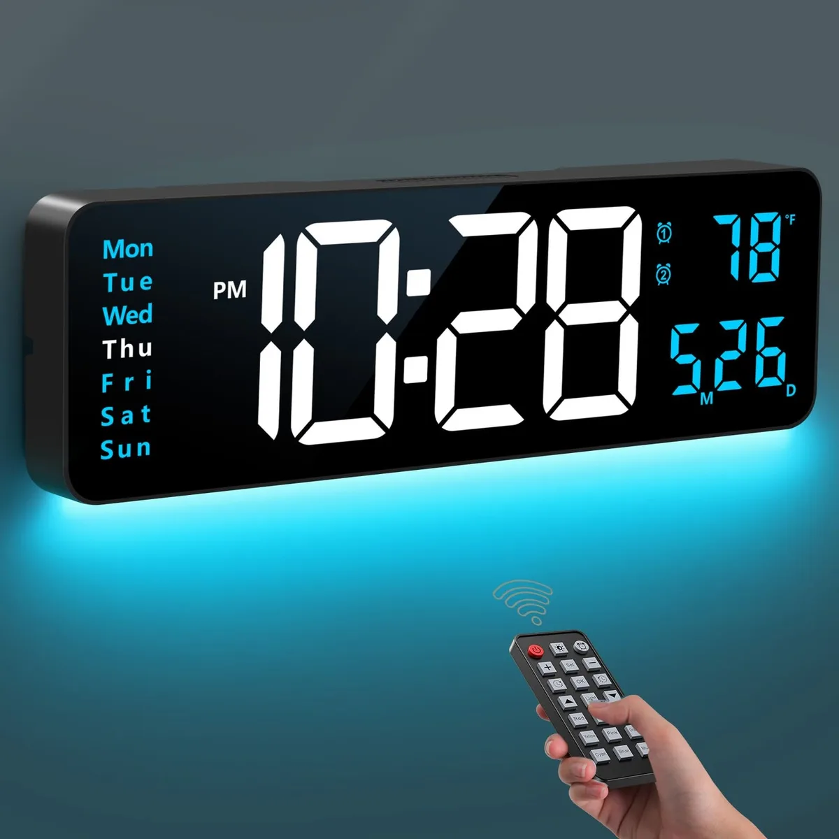 Blue rectangular digital wall clock with large LED display and colourful base lighting