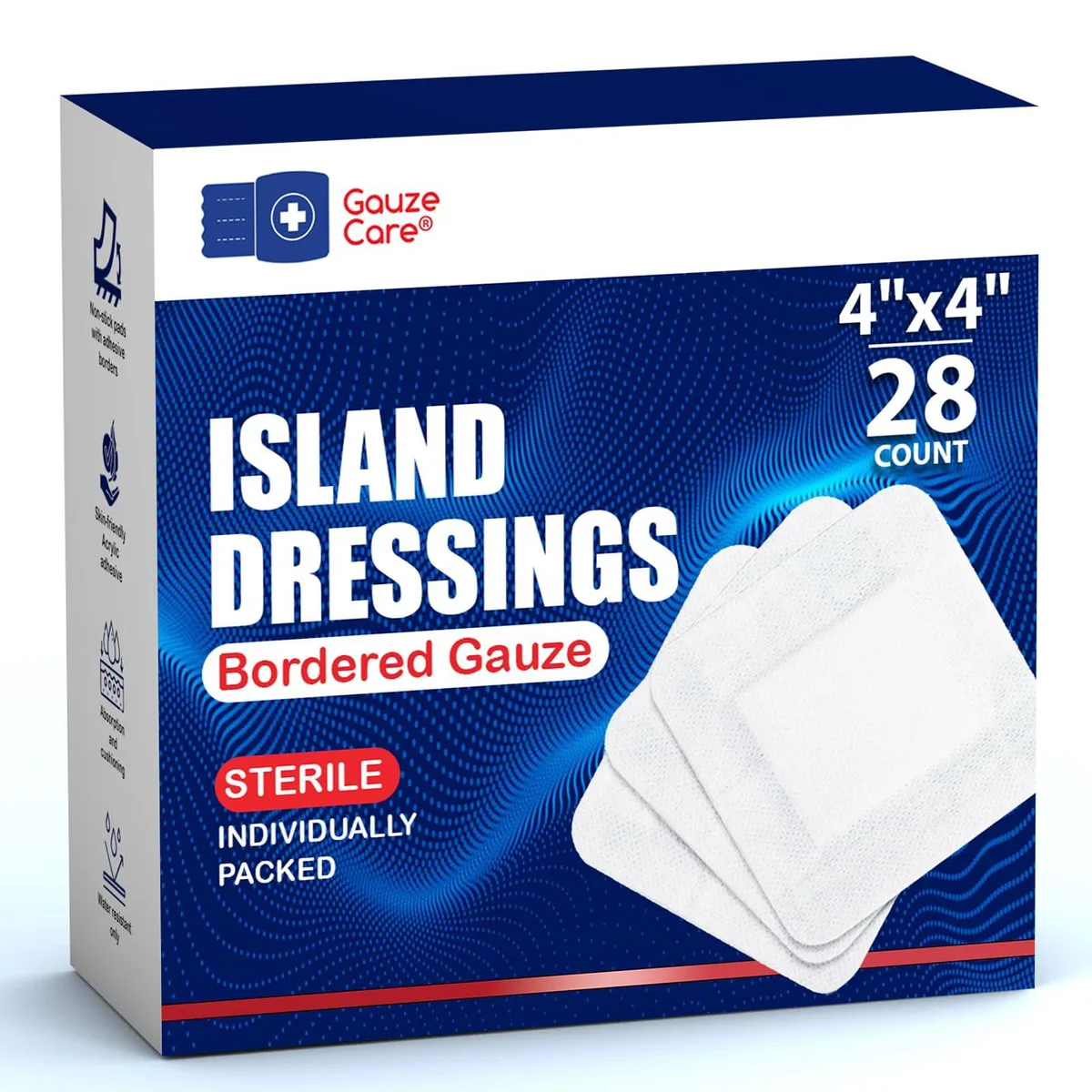  Gauze Care Island Dressing 4x4 inch 28 Pcs 2x2 Non-Stick Pad Acrylic Adhesive Water-Resistant Sterile — product photo