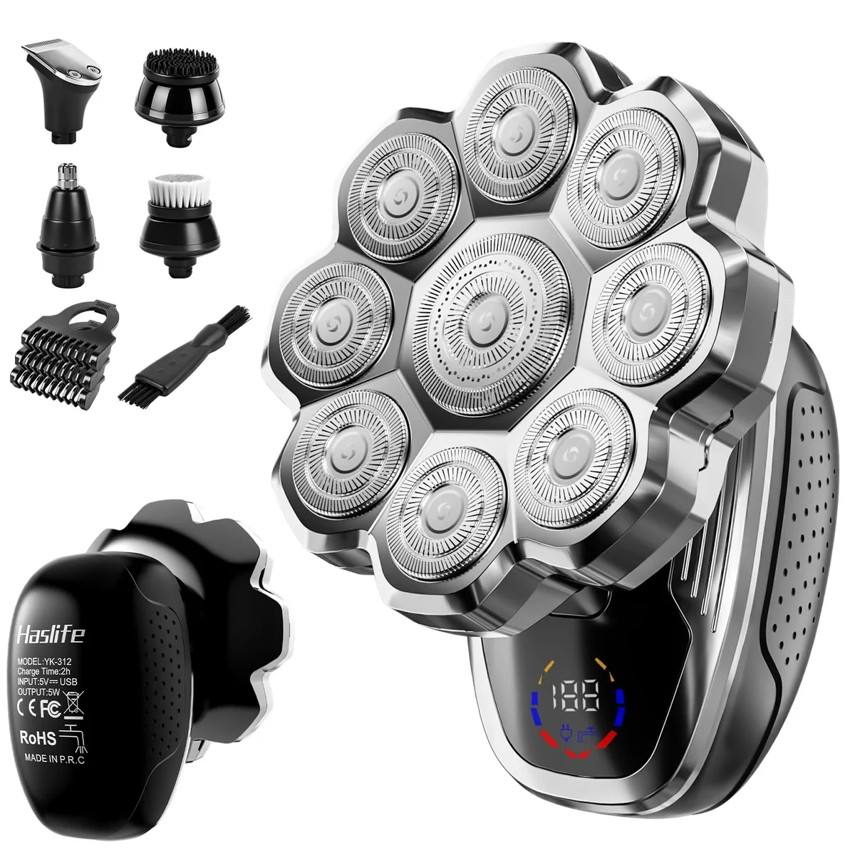 Black electric shaver with 9D floating head, magnetic detachable blades, weight 0.422 kg