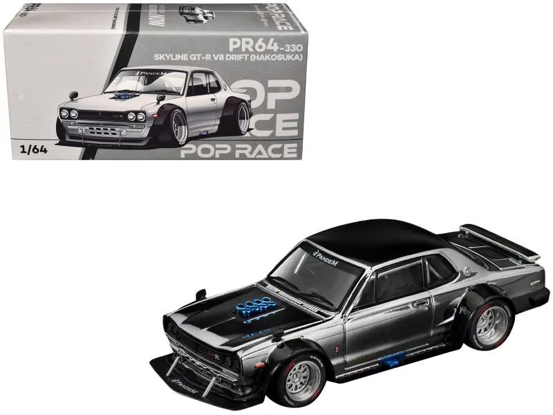 Pop Race Pop Race Skyline GT-R V8 Drift Hakosuka RHD Silver Chrome Black Hood Top 1/64 Diecast Car — product photo